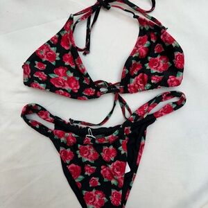 Bright Swimwear Floral Rose Print Black Triangle Bikini S NWTS